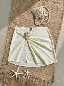 SHEIN Swim 1 pieza Túnica de vestir vacacional para mujer con decoración de estrella de mar en un costado, estilo sexy y de un solo color para cubrir durante la playa - Albaricoque - Ver 6