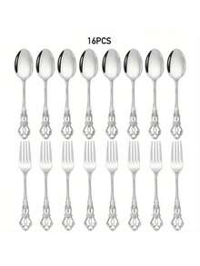 Conjunto de 8 ou 16 peças de colheres e garfos de sobremesa em estilo vintage real, em aço inoxidável de alta qualidade. Inclui colher para aveia, colher para café, colher para iogurte, garfo para salada e garfo de mesa. Talheres elegantes para casa, cozinha, restaurante, café e festas. Acabamento polido espelhado. Pode ser lavado na lava-louças. Ideal para presente de Natal. - Prata - Ver 7