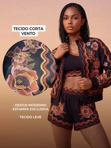 Chaqueta cortavientos con estampado de flores en tapiz - Negro - Ver 10
