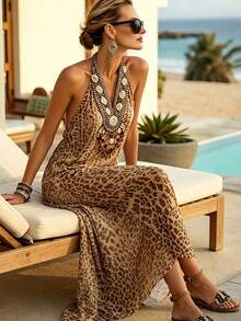 SHEIN Holidaya Đầm dài mùa hè dành cho nữ, kiểu cổ yếm buộc dây, in họa tiết, thích hợp cho: Kỳ nghỉ biển, dạo biển, dã ngoại cùng bạn bè, dạo phố, mặc ở nhà thoải mái. - Nhiều màu - Xem 5