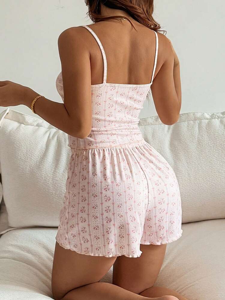 2pcs/Set Women Cute Ditsy Floral Sleeveless Camisole And Loose Shorts Pajama Set, Summer