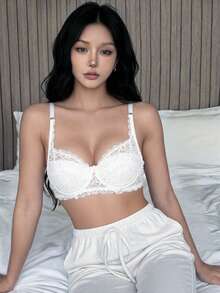 Napfluff 2 Packs Floral Lace Underwire Lingerie Bra Set - Black and White - View 3