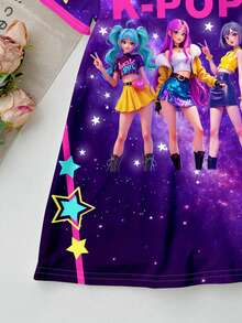 SHEIN 1件装 女童休闲时尚街头风韩流卡通星空印花滚边短袖迷你连衣裙，夏季 - 彩色 - 查看 5