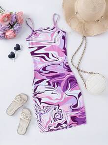 SHEIN 少女夏季海滩度假蝴蝶结印花蝴蝶结装饰吊带裙 - 紫色 - 查看 2