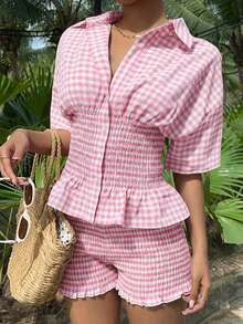 MainGRL Conjunto de camisa e shorts xadrez rosa, 2 peças, casual para mulheres. - Rosa - Ver 5
