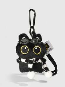 ROMWE Kawaii 1个可爱黑色飞行员猫包挂饰，黑色小猫包挂饰配黑白丝巾，生日和节日送礼佳品，音乐节、返校季和毕业季的完美包包配饰 - 黑色2 - 查看 1