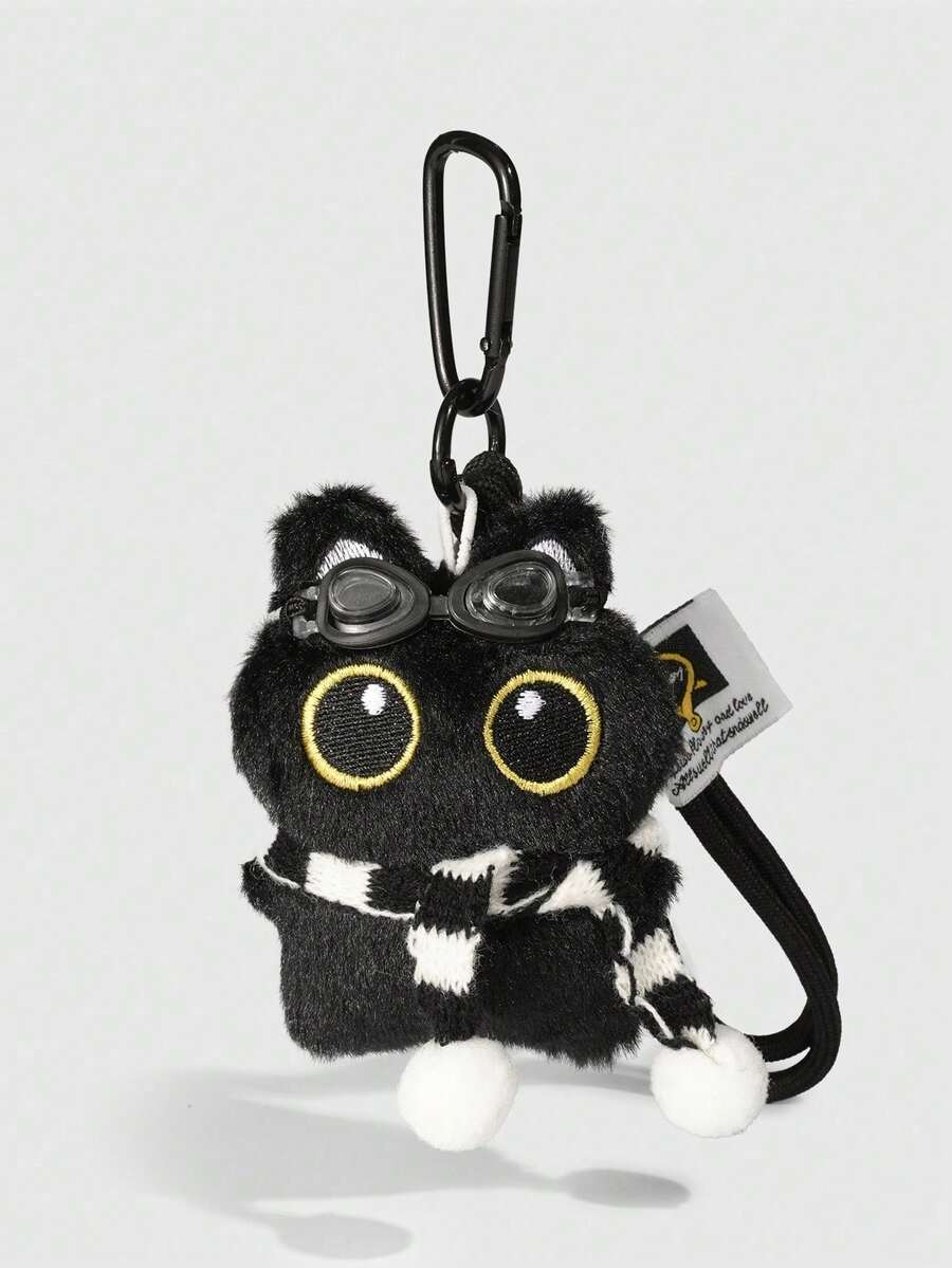 ROMWE Kawaii 1个可爱黑色飞行员猫包挂饰，黑色小猫包挂饰配黑白丝巾，生日和节日送礼佳品，音乐节、返校季和毕业季的完美包包配饰 - 黑色2 - 查看 1