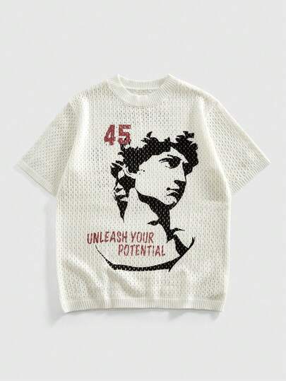 ROMWE MEN Men's Round Neck Printed Knit Short Sleeve T-Shirt