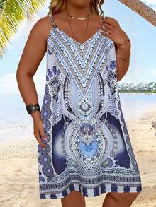 SHEIN Plus Size Vacation Style Printed Camisole Dress - Purple - View 3
