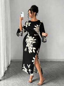 Elenzga Plus Size Women's Elegant Commuter Minimalist Daily Date Party Sexy Daily Banquet Slit Cuff Fitted Apricot Base Black Floral Print Maxi Dress - Black and White - View 6