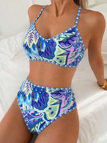 SHEIN Swim 2 件套随机花卉印花女士沙滩装 - 细肩带上衣和高腰比基尼泳裤，夏季 - 彩色 - 查看 3
