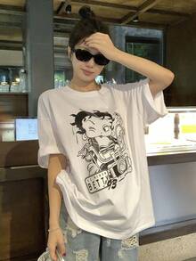 DAZY 女士休闲卡通印花宽松落肩T恤，适合夏季日常通勤 - 白色 - 查看 1