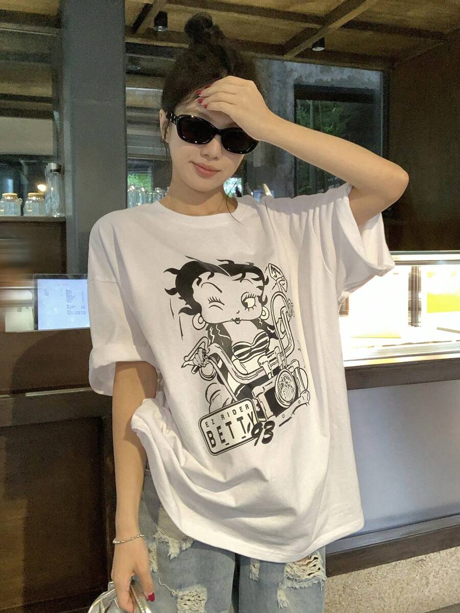 DAZY 女士休闲卡通印花宽松落肩T恤，适合夏季日常通勤 - 白色 - 查看 1