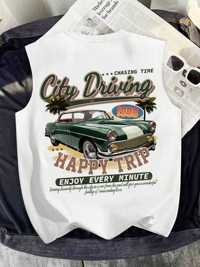 Áo tank top dáng rộng thoải mái, tối giản, phong cách nghỉ mát dành cho bé trai, in hình xe hơi Mỹ cổ điển, phong cảnh và cây nhiệt đới ở mặt sau, cổ tròn, vai rộng, thích hợp cho mùa hè, kỳ nghỉ, đi biển và mặc dạo phố.