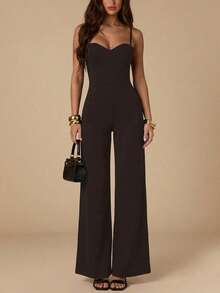 SHEIN BAE Women's Elegant Minimalist Solid Color Wide Leg Jumpsuit - Coffee Brown - View 4