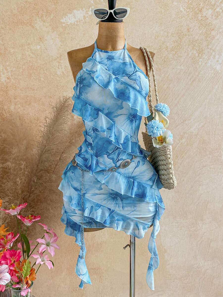 Ure Wave Women's Ruffled Halter Backless Sexy Tropical Modest Mini Dress,Party Vacation Dresses For Women White And Blue Floral Summer - Baby Blue - View 1