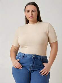 SHEIN BASICS 大码女式纯色短袖修身针织T恤 - 杏色 - 查看 5