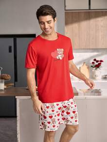 CoupledUp 卡通爱心和小熊印花男士休闲睡衣套装 - 紅色 - 查看 5