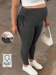 Plussiva Legging Hamil Ukuran Besar Warna Polos Pinggang Dapat Diatur dengan Tali Serut Legging Hamil Legging Kehamilan Musim Gugur - Dark Grey - View 1