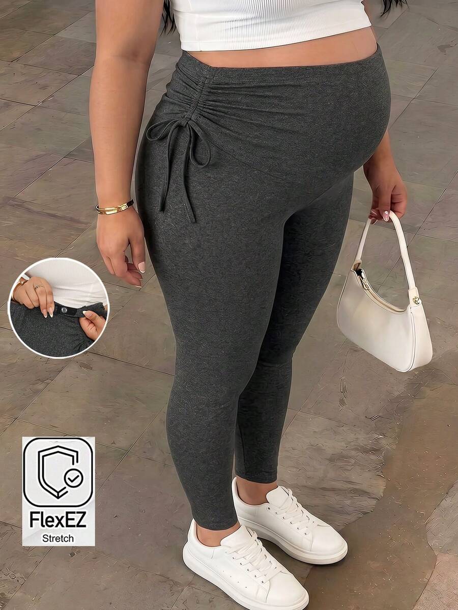 Plussiva Legging Hamil Ukuran Besar Warna Polos Pinggang Dapat Diatur dengan Tali Serut Legging Hamil Legging Kehamilan Musim Gugur - Dark Grey - View 1