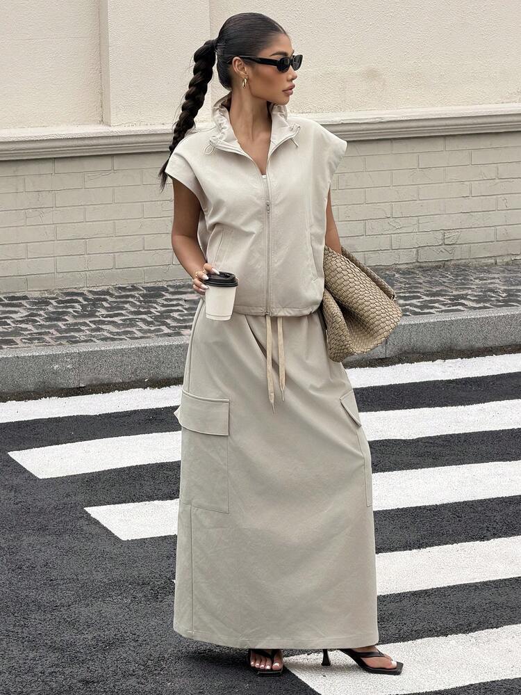 Women's Casual Utility Top And Skirt 2 Pieces Set