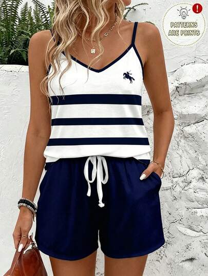 EMERY ROSE Bộ đồ nữ gồm áo tank top cổ tròn kẻ sọc in hình ngựa và quần short, thích hợp cho mùa xuân/hè, cỡ lớn.