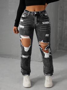 Rivivi Plus Size Ripped Slant Pocket Skinny Casual Jeans - Grey - View 1