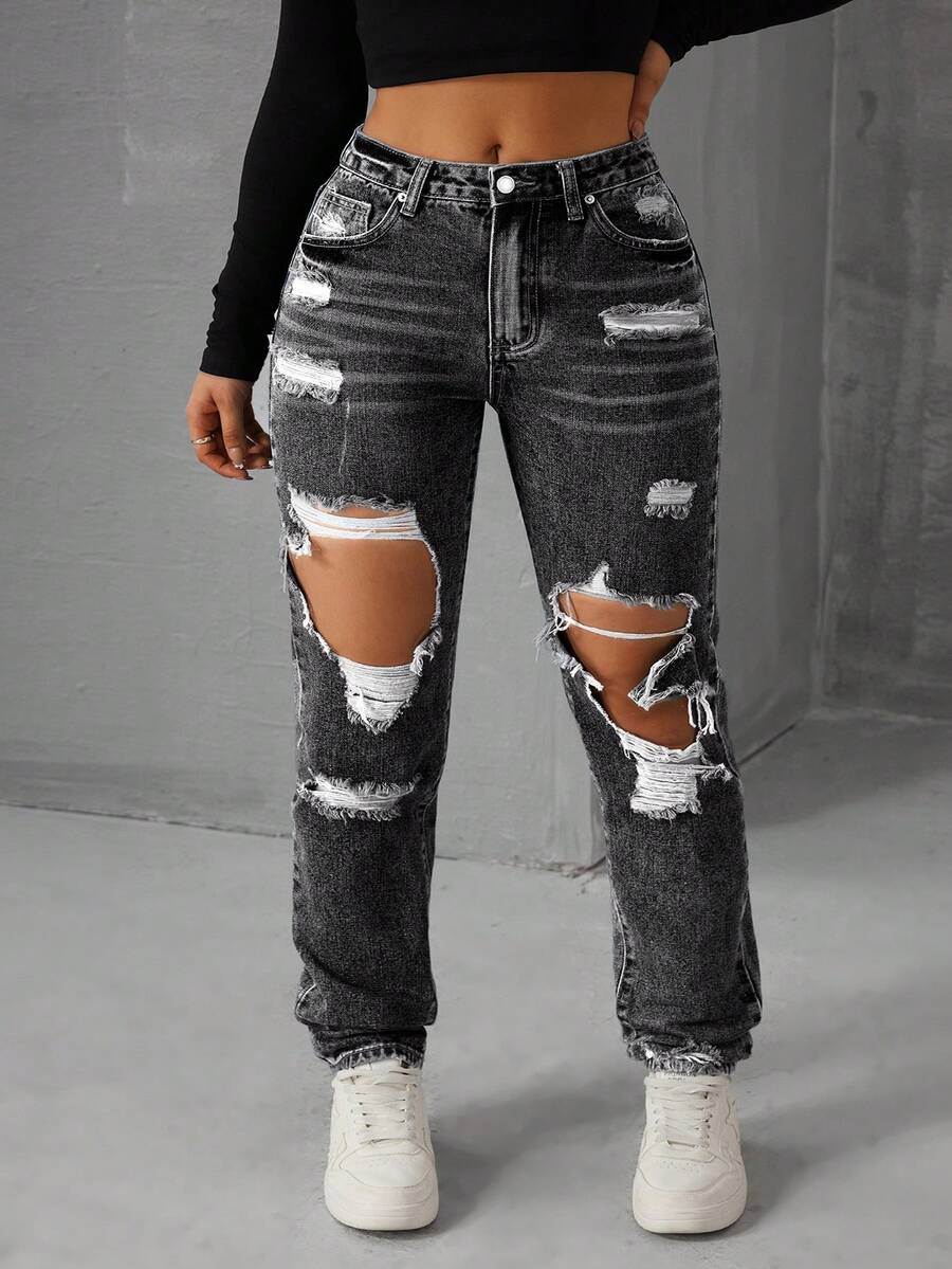 Rivivi Plus Size Ripped Slant Pocket Skinny Casual Jeans - Grey - View 1