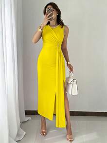 Rafferiza 女士无袖优雅派对串珠装饰连衣裙，夏季长款晚礼服正式礼服 - 黃色 - 查看 8