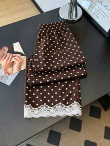 Everyssa Pantalones rectos sueltos con cintura elástica, estampado de lunares y parches de encaje, adecuados para uso diario. Pantalones de lunares, pantalones con ribete de encaje - Marrón - Ver 8