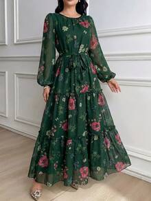 Modelyn 女士优雅印花雪纺系腰连衣裙，适合春夏穿着 - 綠色 - 查看 5