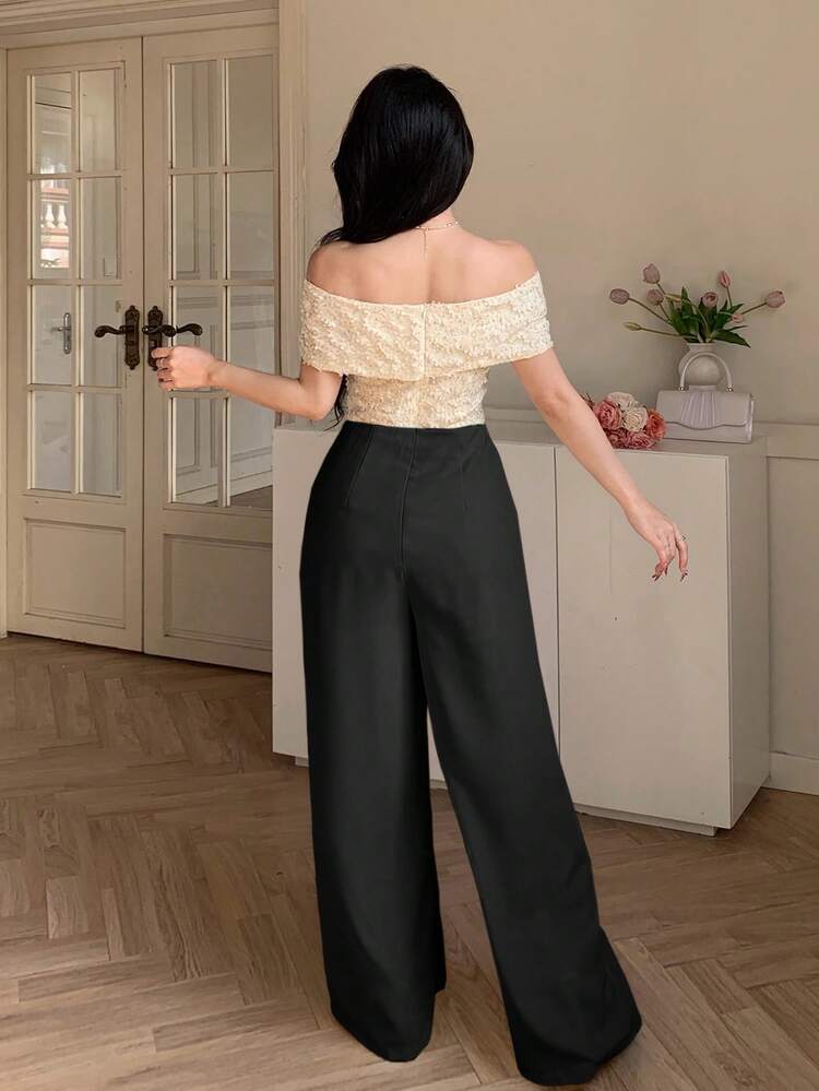 Women's Elegant Sequin Patchwork Off Shoulder Wide Leg Jumpsuit, Summer