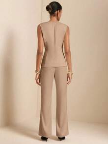 Vesra Lace Patchwork Long Sleeve V-Neck Fitted Shirt & Flared Pants Elegant 2-Piece Set For Women - Khaki - View 2