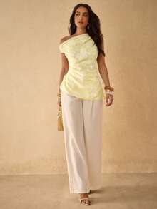 Silquee Women's Light Yellow Summer Elegant Romantic Asymmetrical Top,Ruffled Shoulders Drawstring Hem Ruched Design For Party Birthday,Beach Vacation Wedding - Pale Yellow - View 3