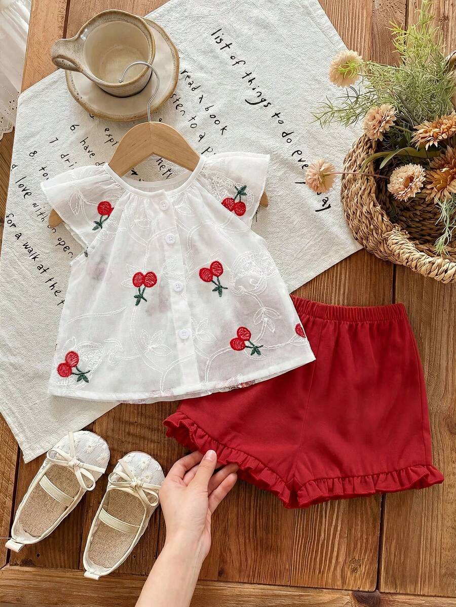 SHEIN LMoss Kids Newborn Baby Girl Floral Embroidery Pattern Short Sleeve Top And Green Shorts Set, Summer - Red - View 1