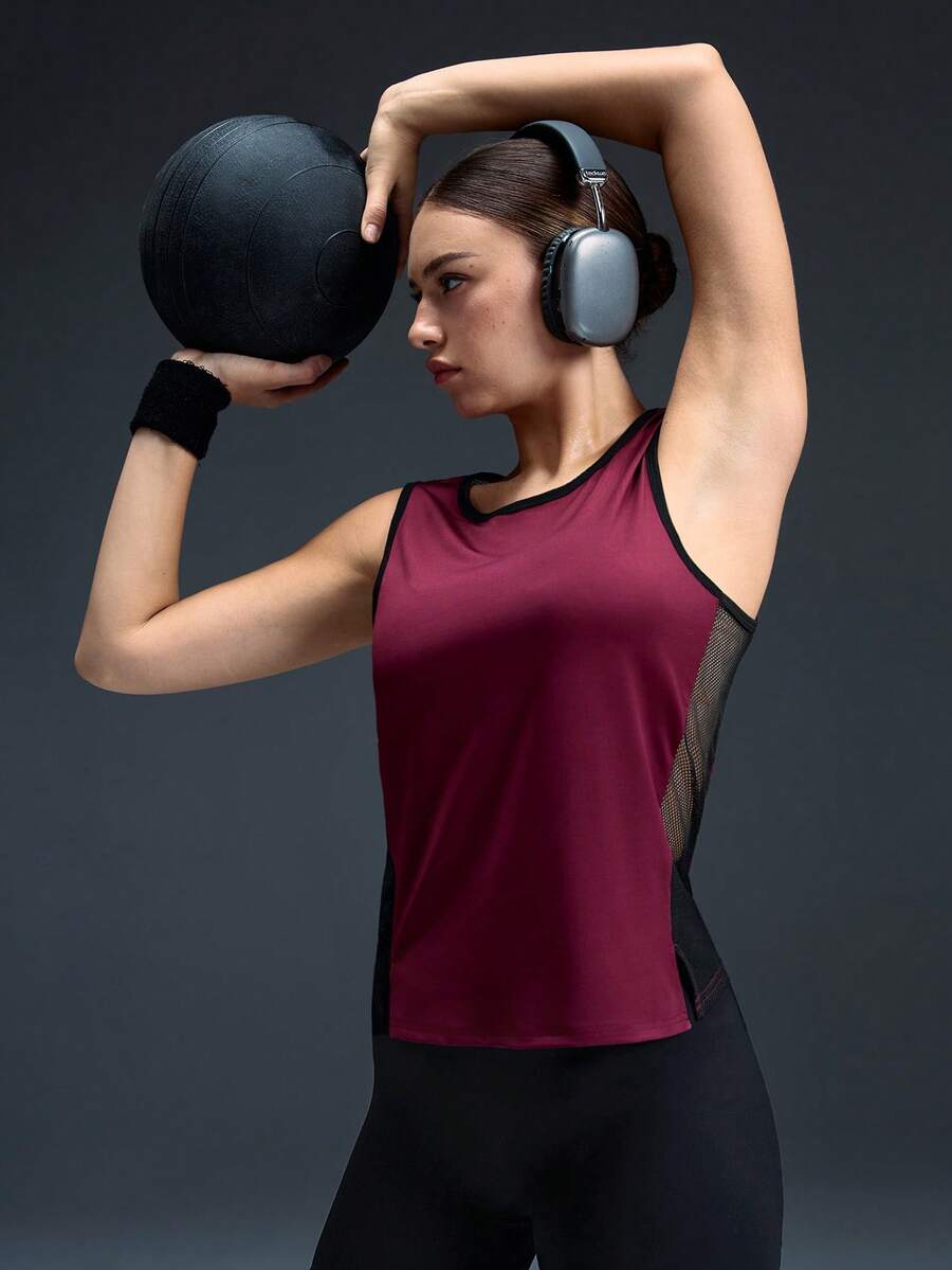 Powerista Women's Semi-Sheer Black & Red Mesh Splice Sports Tank Top - Burgundy - View 1