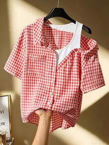 SHEIN Franclia Women's Casual Striped Raglan Short Sleeve Textured Blue & White Shirt, Summer - Red - View 3