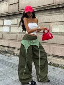 Coolane 女士夏季街头休闲外出服，采用独特的织带细节和编织面料，红色长裤，降落伞裤，宽松工装裤，女式军裤，Y2K风格裤，女士工装裤 - 軍綠色 - 查看 5