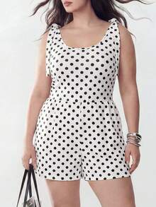 Solavibe Plus Size Women Polka Dot Knotted Shoulder Casual 90s Everyday Jumpsuit, Summer Outfits, Going Out Brunch Beach Oufits - White - View 4