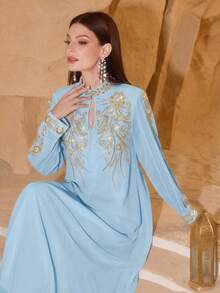 SHEIN Najma 优雅花卉蕾丝边饰串珠装饰女式连衣裙 - 淺藍色 - 查看 3