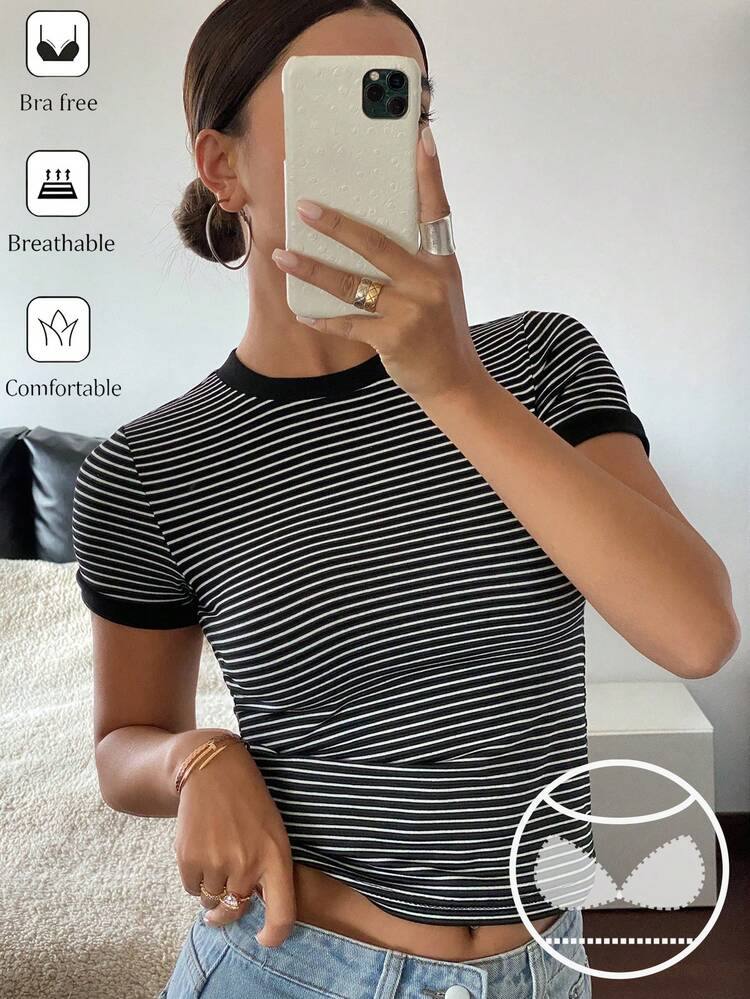 Women's Summer Striped Short Sleeve Camisole With Built-In Padding, Casual Street Style Top