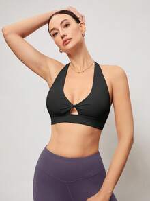 Activina Women's Solid Color Twist Neck Sports Bra - Black - View 5