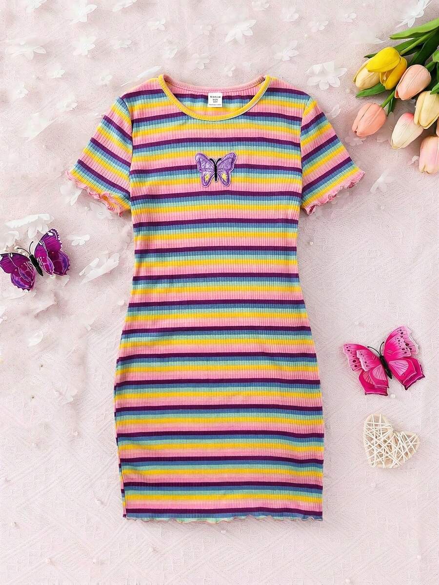 Tween Girl Cute Y2k Butterfly Applique Pink Stripe Fitted Knit Dress,Colorful Rainbow Round Neck Bodycon Dress For Kids,Summer,School,Pride Month - Multicolor - View 1