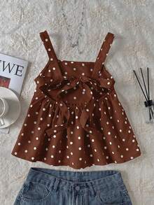 SHEIN Tween Girls' Casual Polka Dot Pattern Bow Decor Ruffle Hem Blouse - Brown - View 3