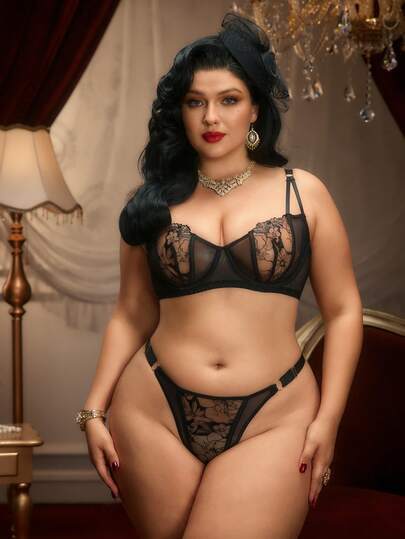 PinupPomp Conjunto de lencería vintage bordada y de patchwork para mujer de talla grande, color negro