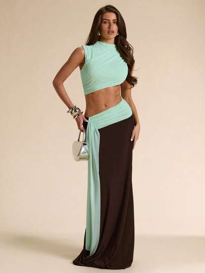 SHEIN BAE Đầm lưới dệt kim không tay, lưng lệch màu xanh bạc hà và nâu, kiểu dáng thanh lịch cho kỳ nghỉ biển.