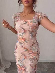 Elenzga Women's Elegant Romantic Mesh Printed Ruched Midi Dress, Suitable For Wedding Season, Party, Date, Casual Outing, Spring/Summer - Orange - View 4