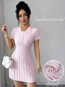 Elenzga Light Pink Summer Cute Brunch Polo Collar Knit Dress,Youthful College Style Textured Rib Knit A-Line Dress With Embroidery,Half-Placket Button Decor - Pink - View 1
