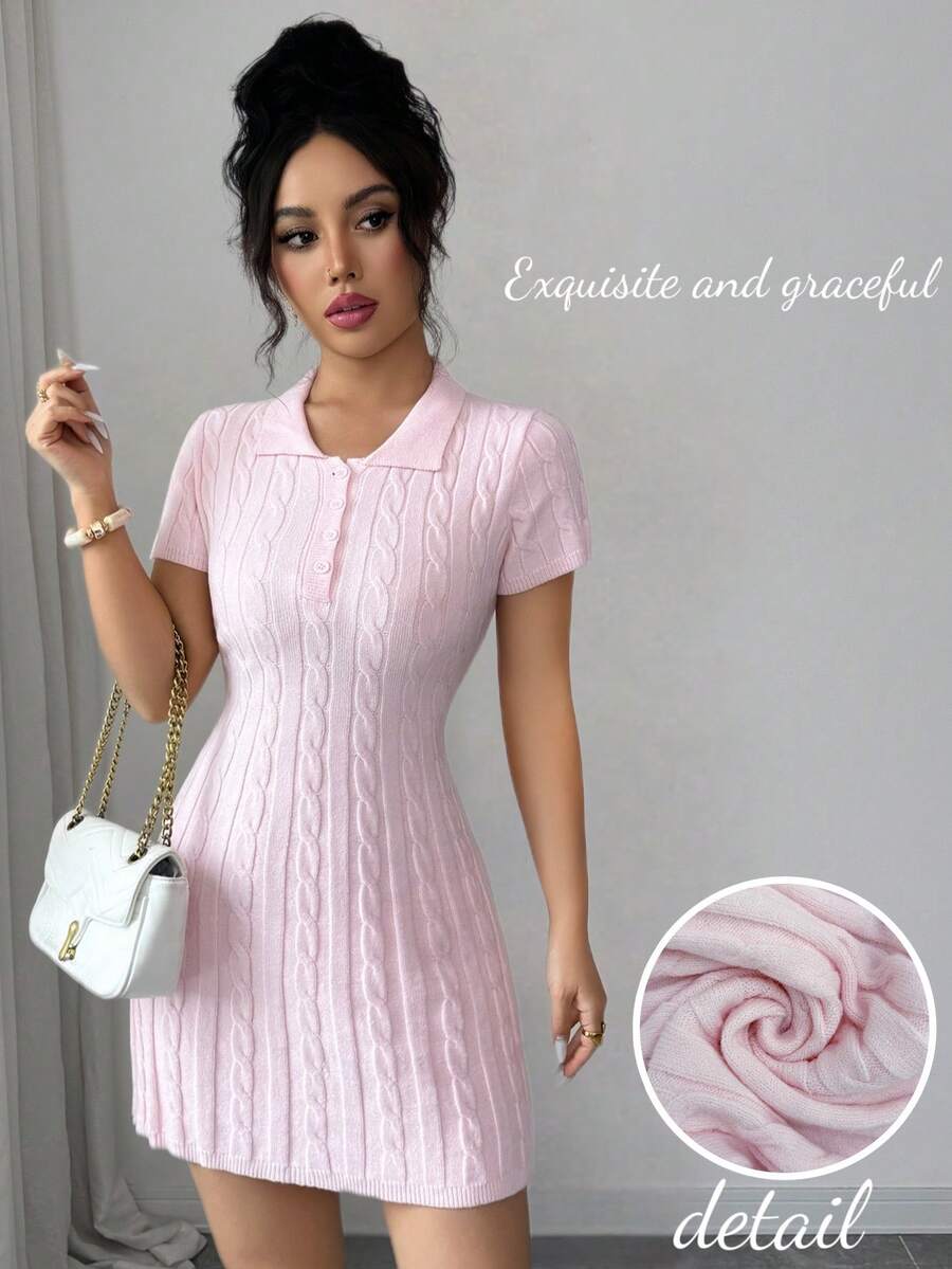 Elenzga Light Pink Summer Cute Brunch Polo Collar Knit Dress,Youthful College Style Textured Rib Knit A-Line Dress With Embroidery,Half-Placket Button Decor - Pink - View 1