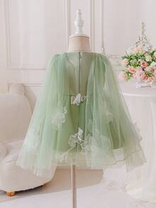 SHEIN Glamorique Kids 女嬰鼠尾草綠刺繡薄紗洋裝附披肩，優雅花童禮服，適合婚禮、生日、派對，夏季無袖蓬蓬公主裙 - 綠色 - 查看 3